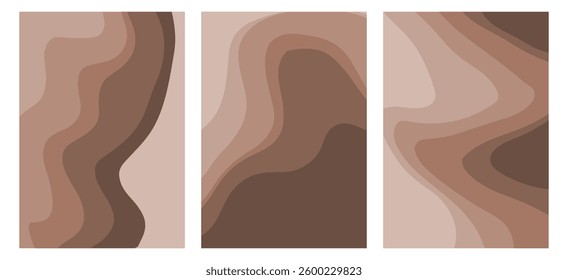 Brown and milk chocolate wave background. Caramel and mocha mousse swirl textured vector pattern. Abstract psychedelic wavy line pattern. Retro groovy poster set.
