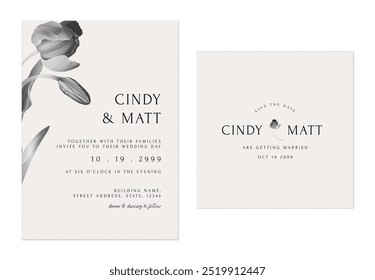 Brown minimalist monochromatic tulip flowers wedding invitation