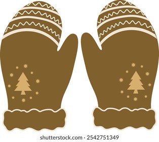 Brown Mittens vector.  A pair of Warm Christmas winter gloves isolated on a white background. 
Gloves pair with a Christmas tree on it. Winter Gloves icon. winter accessory. gloves clip art. 
