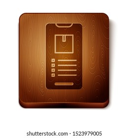 Brown Mobile smart phone with app delivery tracking icon isolated on white background. Parcel tracking. Wooden square button. Vector Illustration
