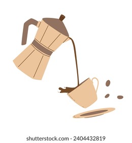 A brown mocha pot pours coffee into a cup and saucer. Modern flat vector illustration on white background