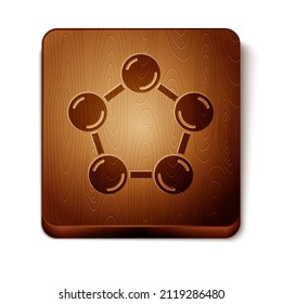 Icono de molécula marrón aislado en fondo blanco. Estructura de moléculas en la química, profesores de ciencias afiche educativo innovador. Botón cuadrado de madera. Vector