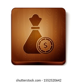 Brown Money bag and casino chips icon isolated on white background. Dollar or USD symbol. Cash Banking currency sign. Wooden square button. Vector Illustration