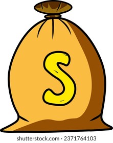 Brown money bag with currency on the bag