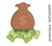 Brown money bag overflowing with cash savings, illustrating the concept of wealth and abundance