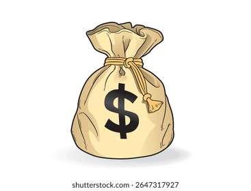 Brown money bag tied with a string, prominently featuring a black dollar sign, representing savings and financial abundance against a clean background