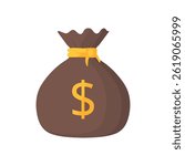 Brown money bag with yellow dollar sign and tie. Ideal for finance concepts, banking, investments, savings, and wealth related designs.