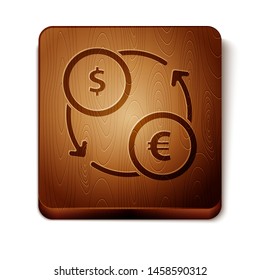 Brown Money exchange icon isolated on white background. Euro and Dollar cash transfer symbol. Banking currency sign. Wooden square button. Vector Illustration
