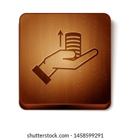 Brown Money on hand icon isolated on white background. Palm holds cash with arrow up. Cash salary increase. Rising prices. Wooden square button. Vector Illustration