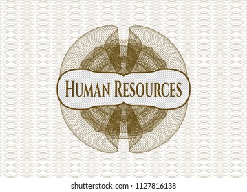 Brown money style emblem or rosette with text Human Resources inside