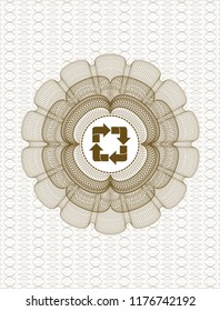 Brown money style emblem or rosette with recycle icon inside