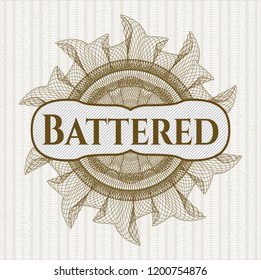 Brown money style emblem or rosette with text Battered inside