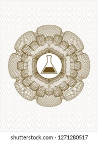 Brown money style emblem or rosette with test tube icon inside