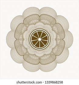 Brown money style emblem or rosette with orange icon inside