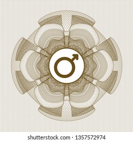 Brown money style emblem or rosette with male icon inside