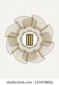 Brown money style emblem or rosette with trash can icon inside