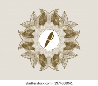 Brown money style emblem or rosette with pen icon inside