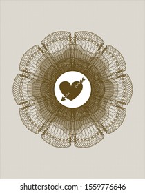 Brown money style emblem or rosette with heart with arrow icon inside