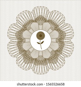 Brown money style emblem or rosette with flower icon inside