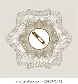 Brown money style emblem or rosette with cutter icon inside