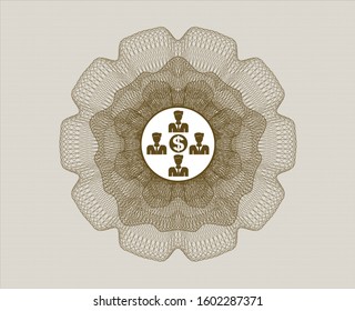 Brown money style emblem or rosette with business teamwork and money icon inside