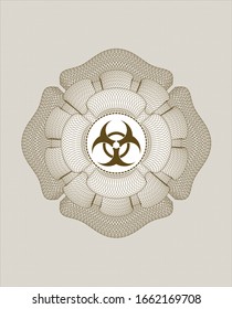 Brown money style emblem or rosette with biohazard icon inside