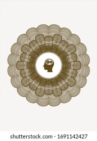 Brown money style emblem or rosette with head with gears inside icon inside