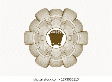 Brown money style rosette with Bitcoin mining trolley icon inside