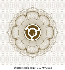 Brown money style rosette with brain storm icon inside