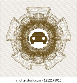 Brown money style rosette with car seen from front icon inside