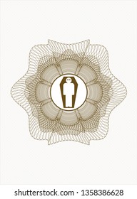 Brown money style rosette with dead man in his coffin icon inside