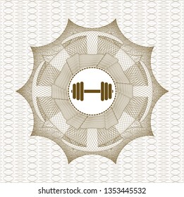 Brown Money Style Rosette With Dumbbell Icon Inside