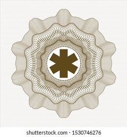 Brown money style rosette with emergency cross icon inside
