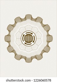Brown money style rosette with globalization icon inside