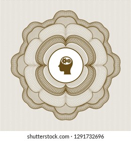 Brown money style rosette with head with gears inside icon inside