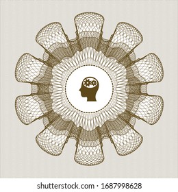 Brown money style rosette with head with gears inside icon inside