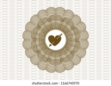 Brown money style rosette with heart with arrow icon inside