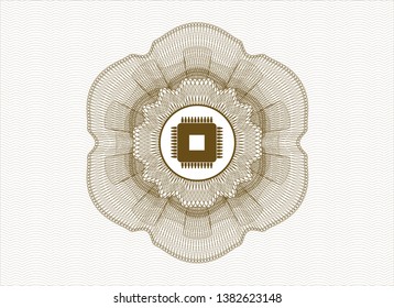Brown money style rosette with microchip, microprocessor icon inside