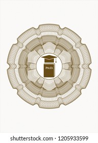 Brown money style rosette with Phd thesis icon inside
