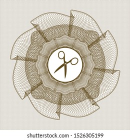 Brown money style rosette with scissors icon inside