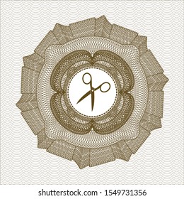 Brown money style rosette with scissors icon inside