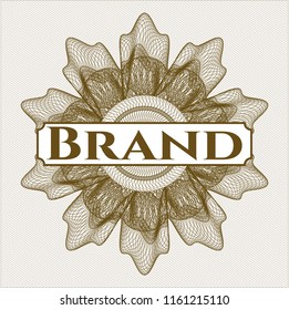 Brown money style rosette with text Brand inside