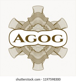 Brown money style rosette with text Agog inside