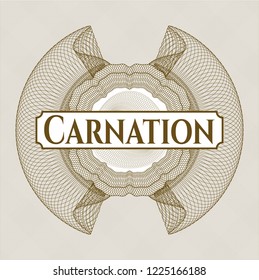 Brown money style rosette with text Carnation inside