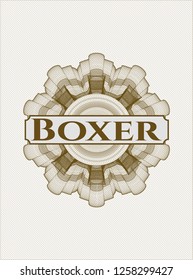Brown money style rosette with text Boxer inside