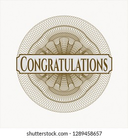 Brown money style rosette with text Congratulations inside