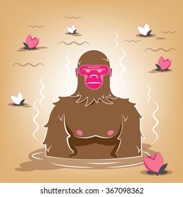 brown monkey bathing among the lilies