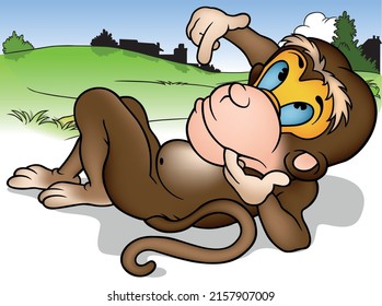 Brown Monkey with Finger in Mouth Lying on the Ground - Colored Cartoon Illustration with Background, Vector