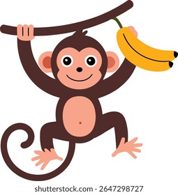 Brown monkey hanging from branch with bananas animal yellow