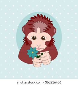 Brown monkey holding a blue flower. Print for cards, children's books, clothes